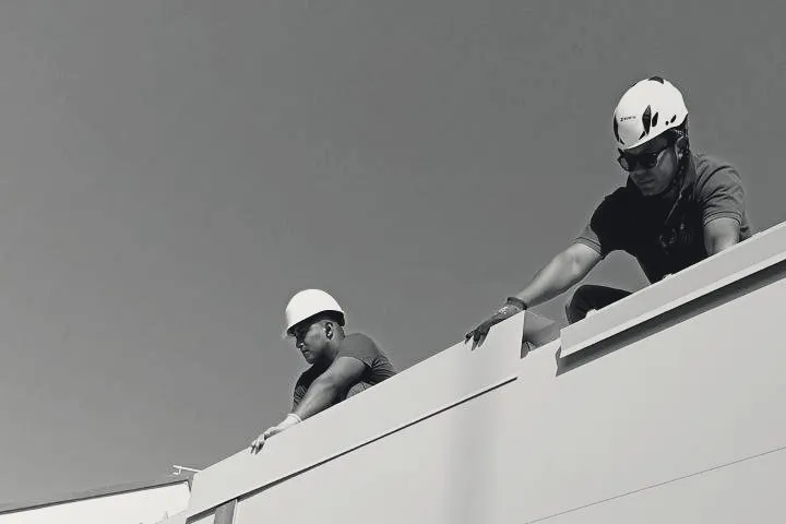 Two installers in hard hats fixing panels at the top of a barrier